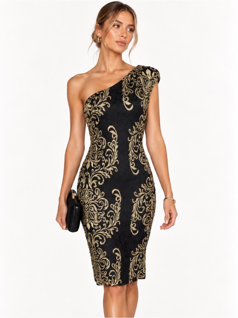 DAVID MEISTER One-Shoulder Black Dress with Gold Baroque Embroidery Size 8